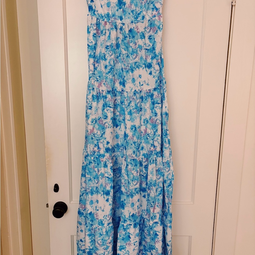 Blue and White Floral Maxi Dress, tie open back